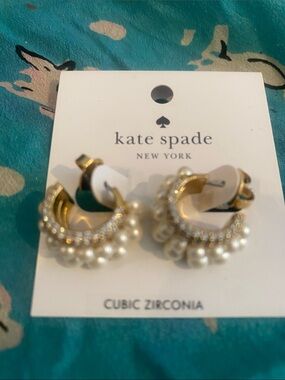 Kate Spade elegant gold and pearl mini hoop earrings. Tres Elegant